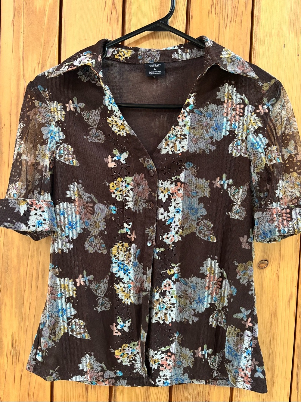Vtg Y2K Tribal Mesh Floral Butterfly Blouse Sheer Top Size 6